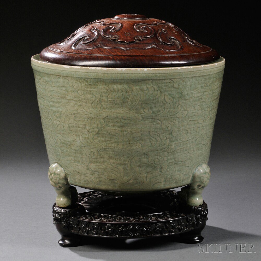 Appraisal: Tripod Celadon Censer China Song Dynasty style supported by cabriole