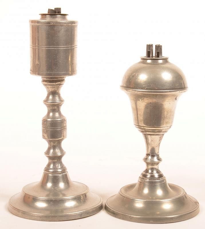 Appraisal: Two American Pewter Whale Oil Lamps Two American th Century