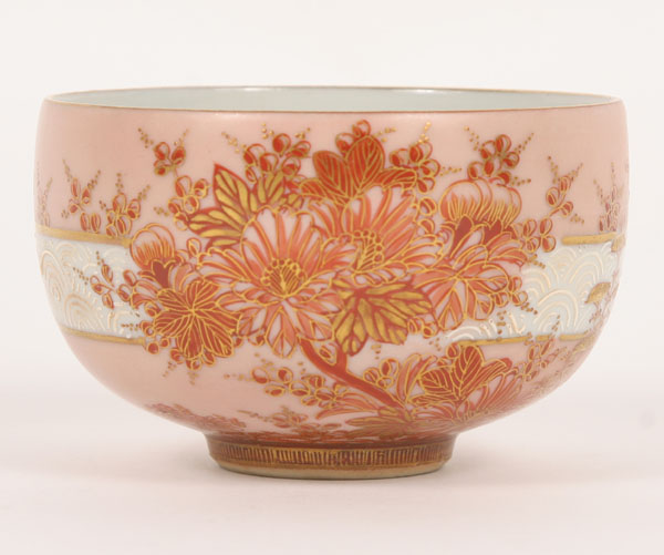 Appraisal: Japanese hand painted tea bowl with floral and gilt bonsai