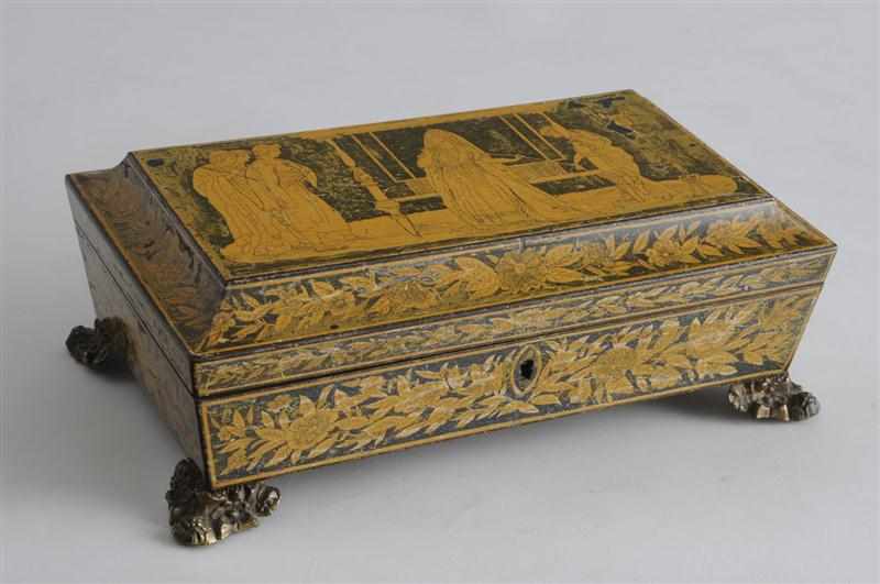 Appraisal: REGENCY PENWORK WORK BOX The flattened dome hinged lid with