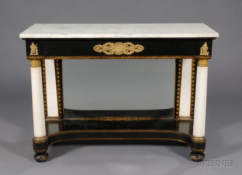 Appraisal: Classical Ebonized Gilt Stencil and Ormolu-mounted Marble-top Pier Table New