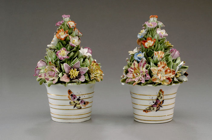 Appraisal: PAIR OF DERBY PORCELAIN POTS OF FLOWERS CIRCA Each tapered