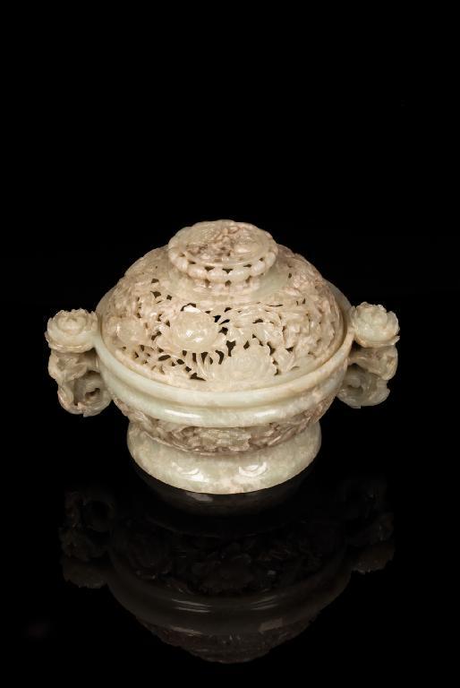 Appraisal: A CHINESE PALE CELADON JADE CENSER AND COVER the domed