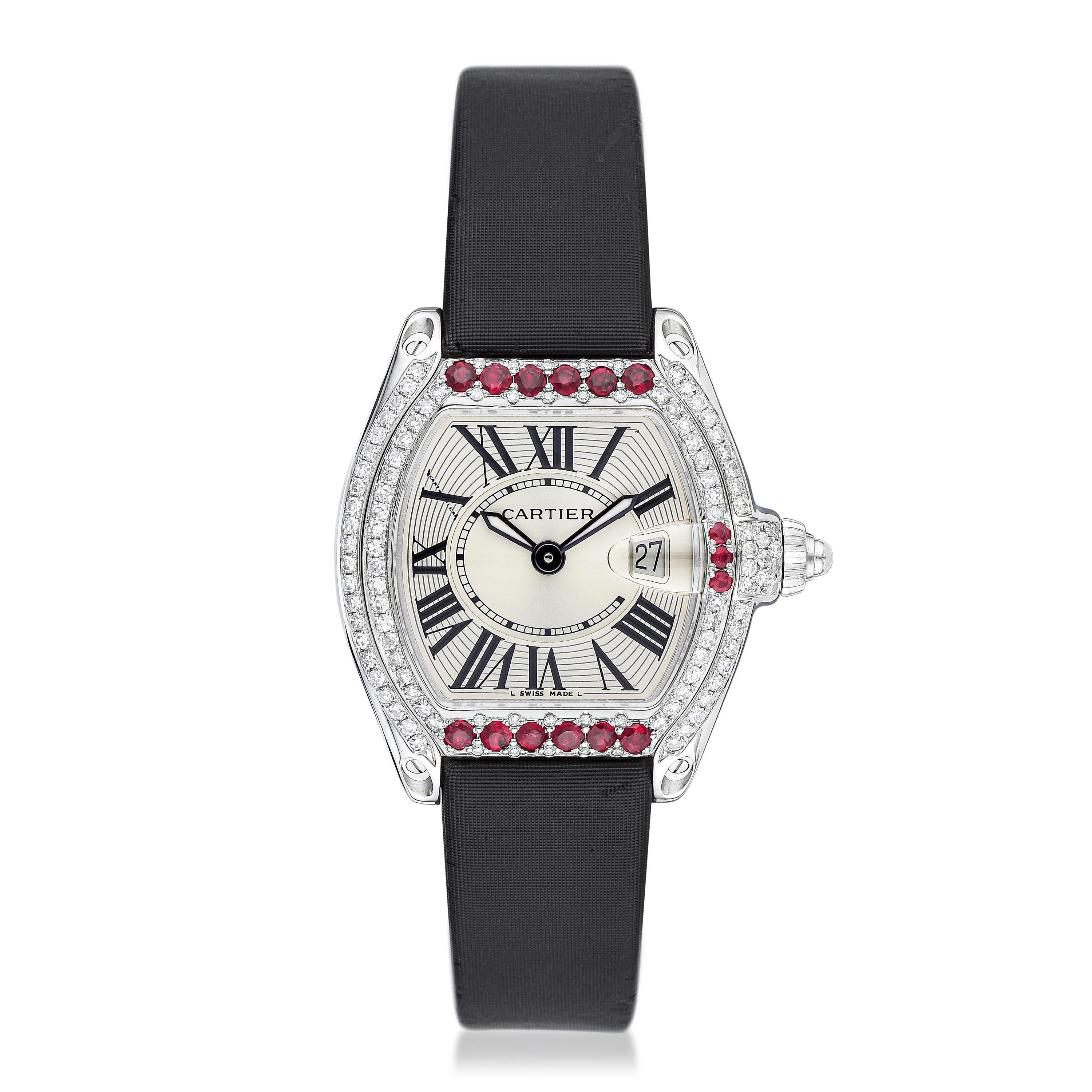 Appraisal: CARTIER LADIES ROADSTER MM STAINLESS STEEL WITH DIAMONDS AND RUBIES