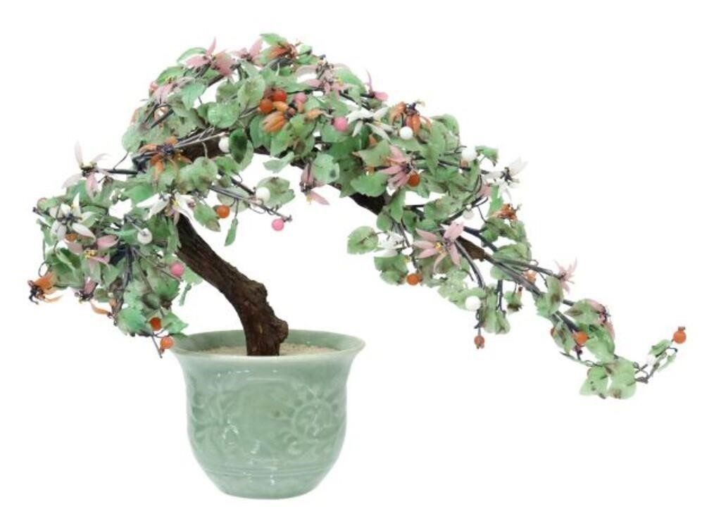 Appraisal: Chinese jade and hardstone bonsai tree sculpture with composite tree