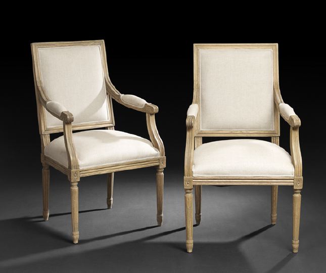 Appraisal: Pair of Louis XVI-Style Beechwood Fauteuils the padded rectangular back