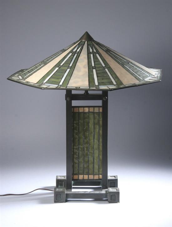 Appraisal: WIENER WERKST TTE-STYLE PATINATED METAL AND GLASS TABLE LAMP Square