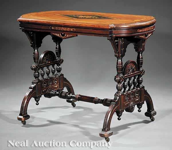 Appraisal: An American Renaissance Rosewood Marquetry Ebonized and Gilt-Incised Center Table