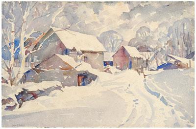 Appraisal: John Pierce Barnes watercolor Pennsylvania - winter landscape with farm