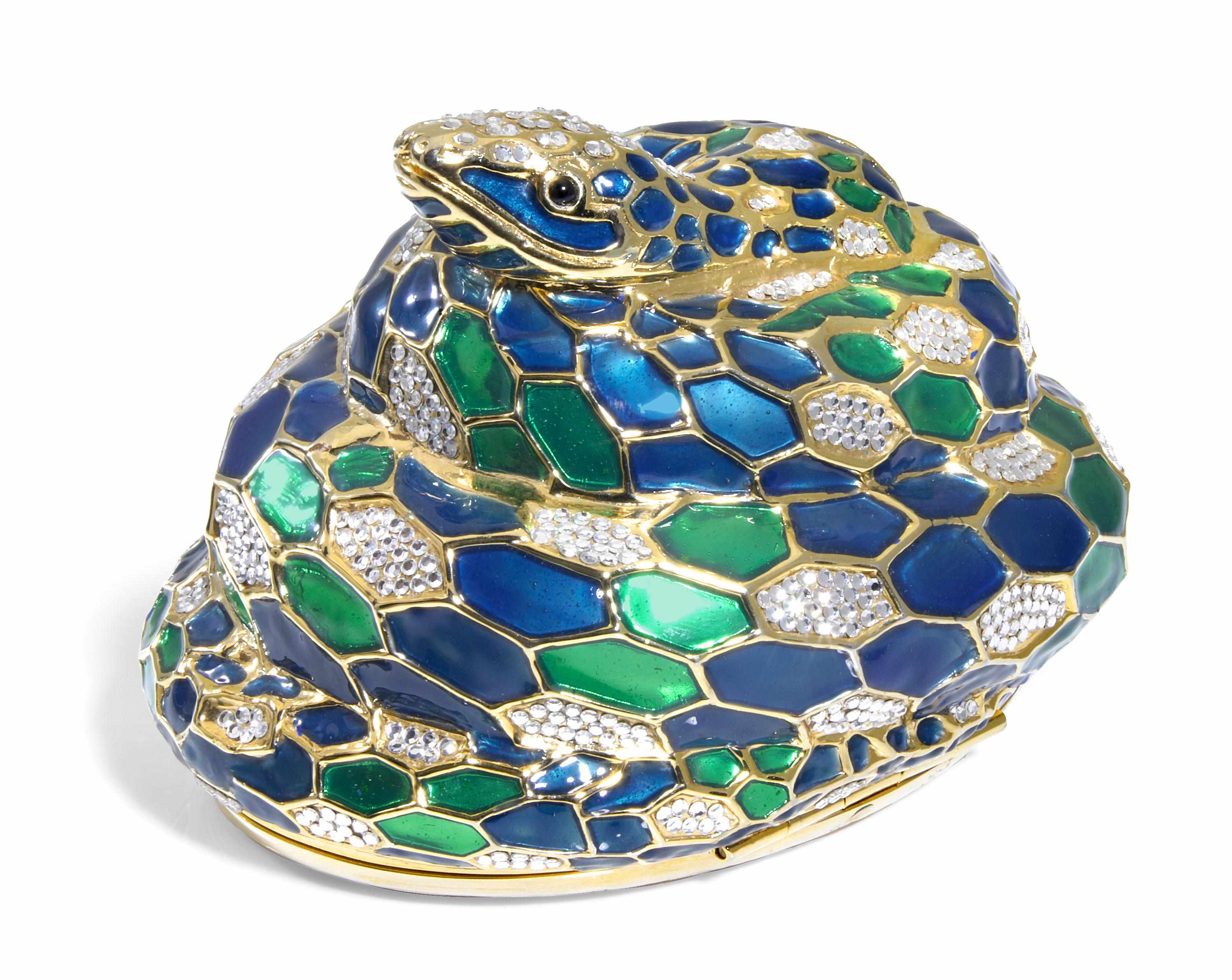 Appraisal: A silver crystal with blue and green enamel snake minaudiere