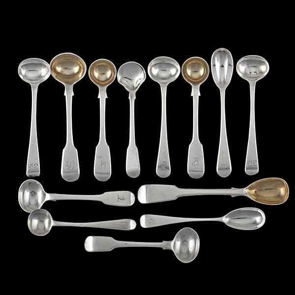 Appraisal: Sterling Salt and Mustard Spoons English and Irish to Thirteen