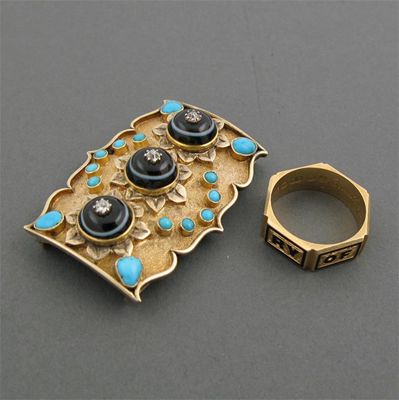 Appraisal: A silver gilt buckle set with turquoise and diamond set