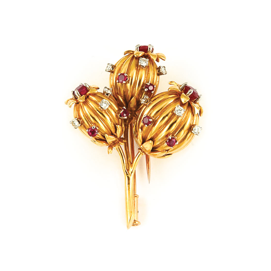 Appraisal: Gold Ruby and Diamond Flower Brooch Tiffany Co Schlumberger kt