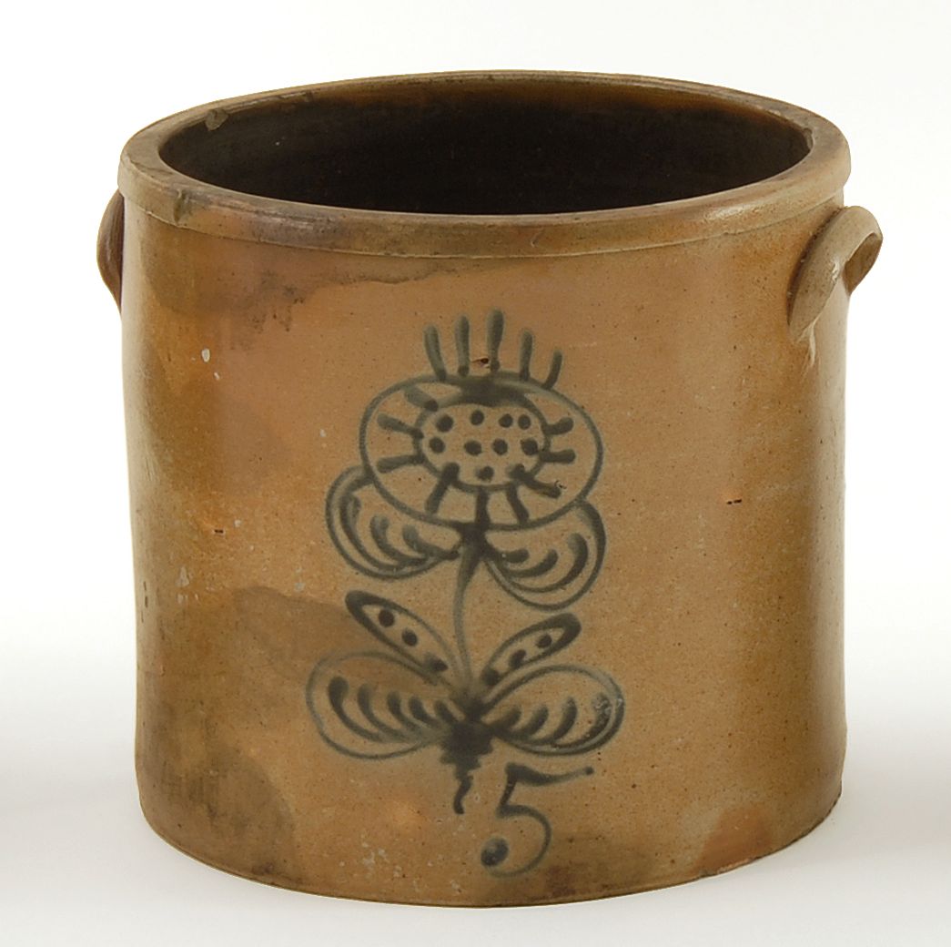 Appraisal: FIVE-GALLON STONEWARE CROCK th CenturyWith sunflower decoration Height Diameter