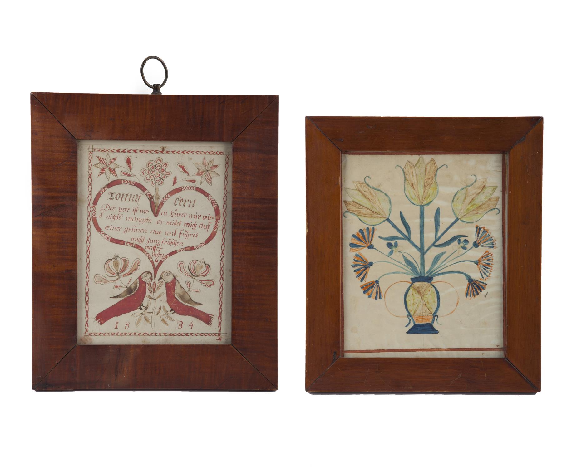 Appraisal: TWO AMERICAN WATERCOLORS Fraktur mid th century watercolor and pen