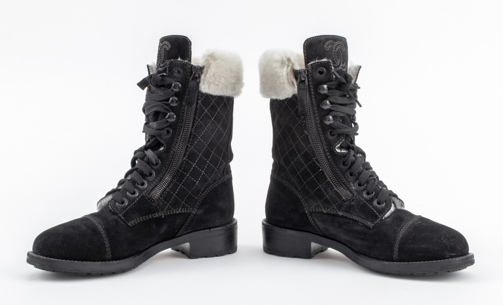 Appraisal: CHANEL SUEDE SHEARLING LINED BOOTS Pair of Chanel lace-up mid-calf