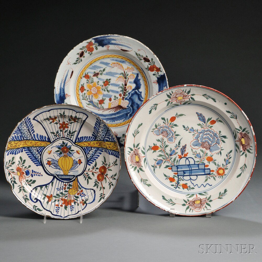 Appraisal: Three Dutch Delft Polychrome Decorated Chargers Holland th century each