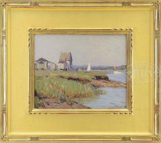 Appraisal: ALDRO THOMPSON HIBBARD American - COASTAL SHORELINE VIEW WITH BOATS