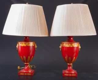 Appraisal: Toleware Urn Style Table Lamps Pair Neoclassical-style Toleware metal urn-form