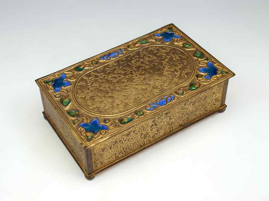 Appraisal: TIFFANY FURNACES FAVRILE GILT BOX With inset enamel leaves and