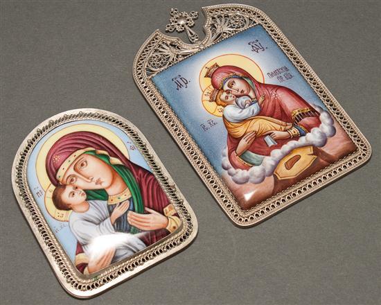 Appraisal: Two Russian enamel on copper icons in silvered metal frames