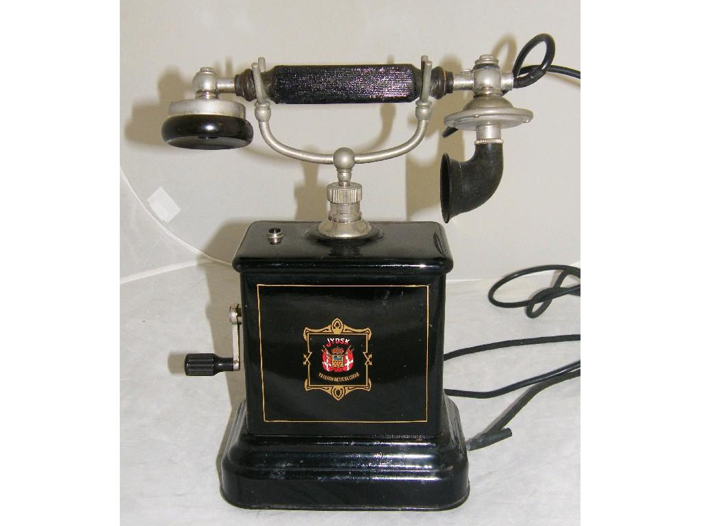 Appraisal: Danish Magneto telephone comprising a wooden handled receiver over a