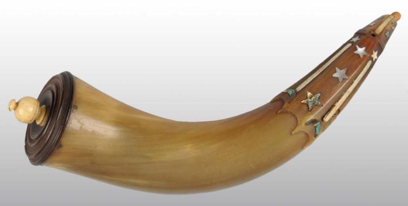 Appraisal: Unique Antique Powder Horn Description Faceted spout inlaid with sea-shell