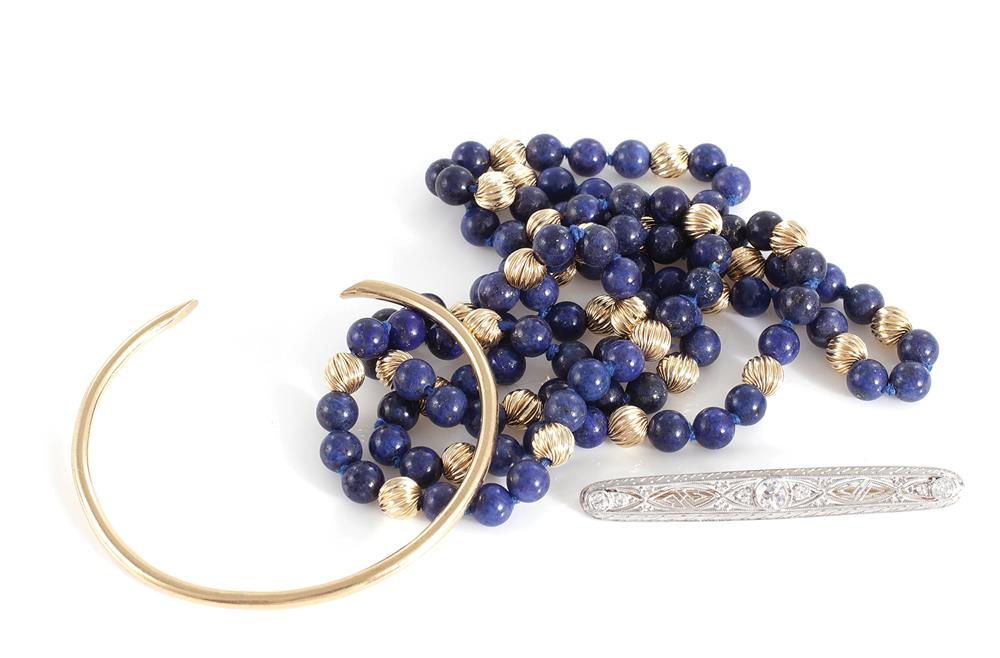 Appraisal: Lapis and gold necklace gold bangle and diamond bar pin