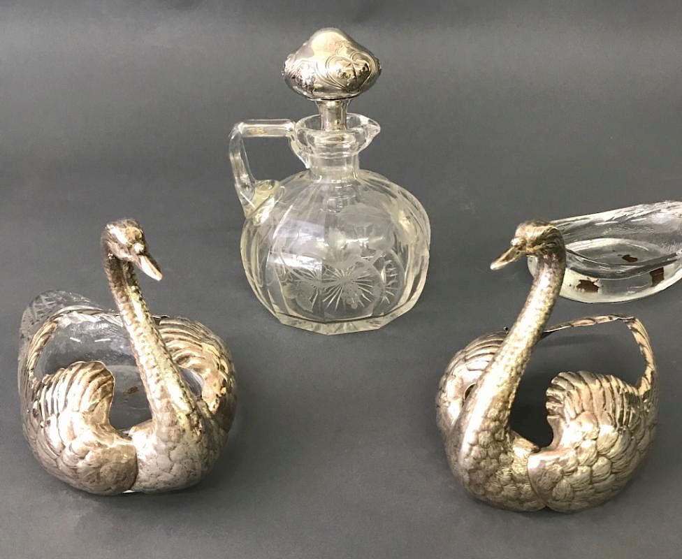 Appraisal: Pair of Sterling Silver and Glass Swans Pair of sterling