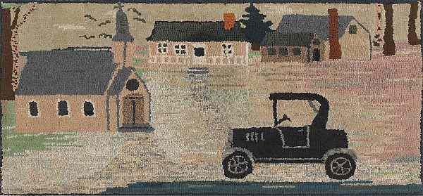 Appraisal: American hooked rug early th c with a town scene