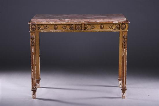 Appraisal: CONTINENTAL NEOCLASSICAL STYLE GILTWOOD MARBLE-TOP CONSOLE TABLE Late th century