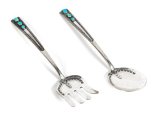 Appraisal: Pair of Navajo Silver and Turquoise Serving Utensils Length of