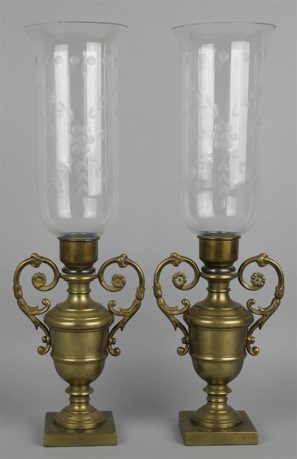 Appraisal: PAIR OF CONTINENTAL CAST BRASS HURRICANE LAMPS AND SHADES late