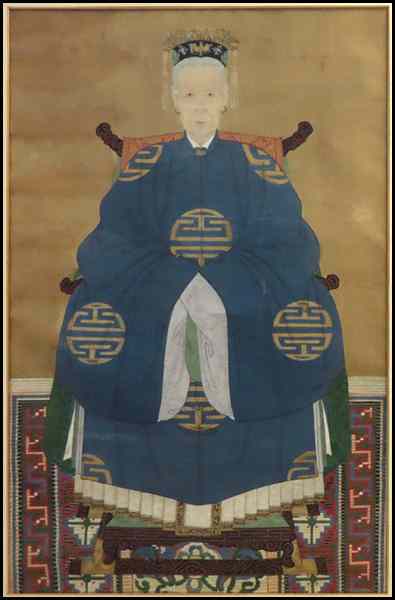 Appraisal: CHINESE PAINTED SILK ANCESTRAL PORTRAIT Sight '' x '' Frame