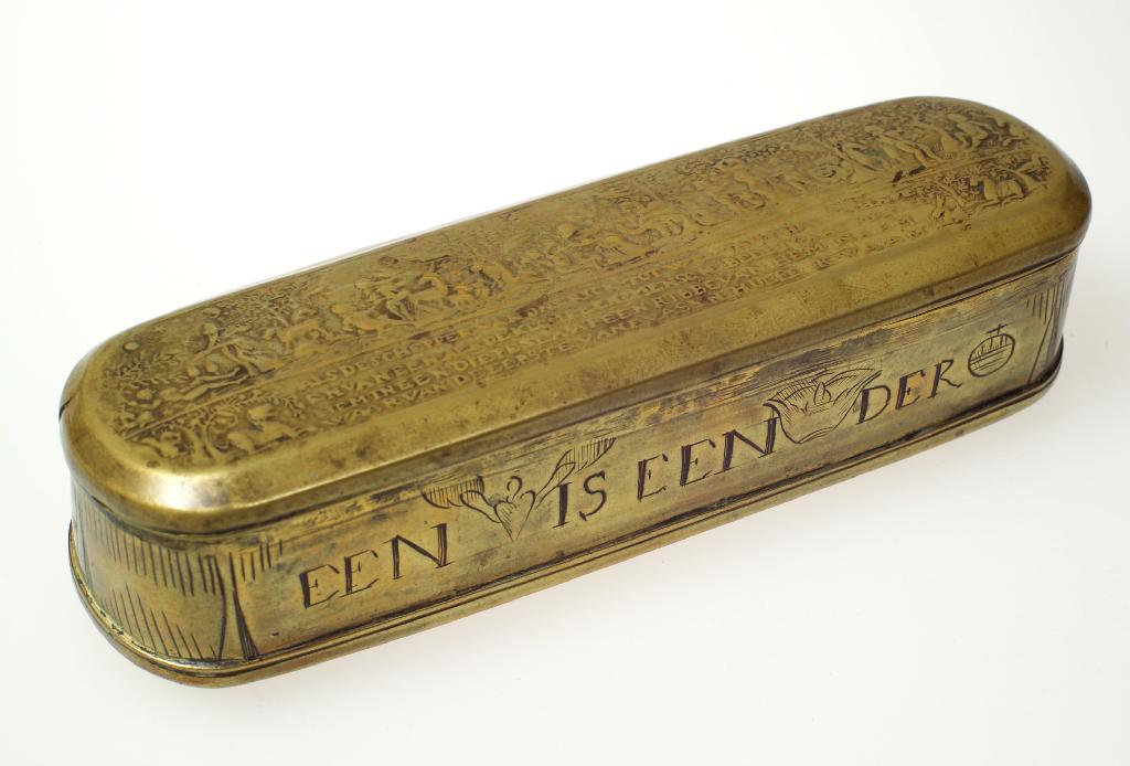 Appraisal: DUTCH th CENTURY BRASS TOBACCO BOX of rectangular form engraved