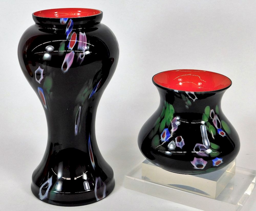 Appraisal: Kralik Bohemian Red Cased Black Art Glass Vases Bohemia th