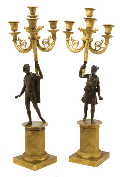 Appraisal: Pair of Empire Gilt and Patinated-Bronze Four-Light Candelabra Estimate -