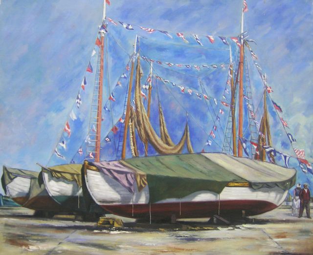 Appraisal: Edmund Brucker IN - x Oil on Canvas Boats Depicting