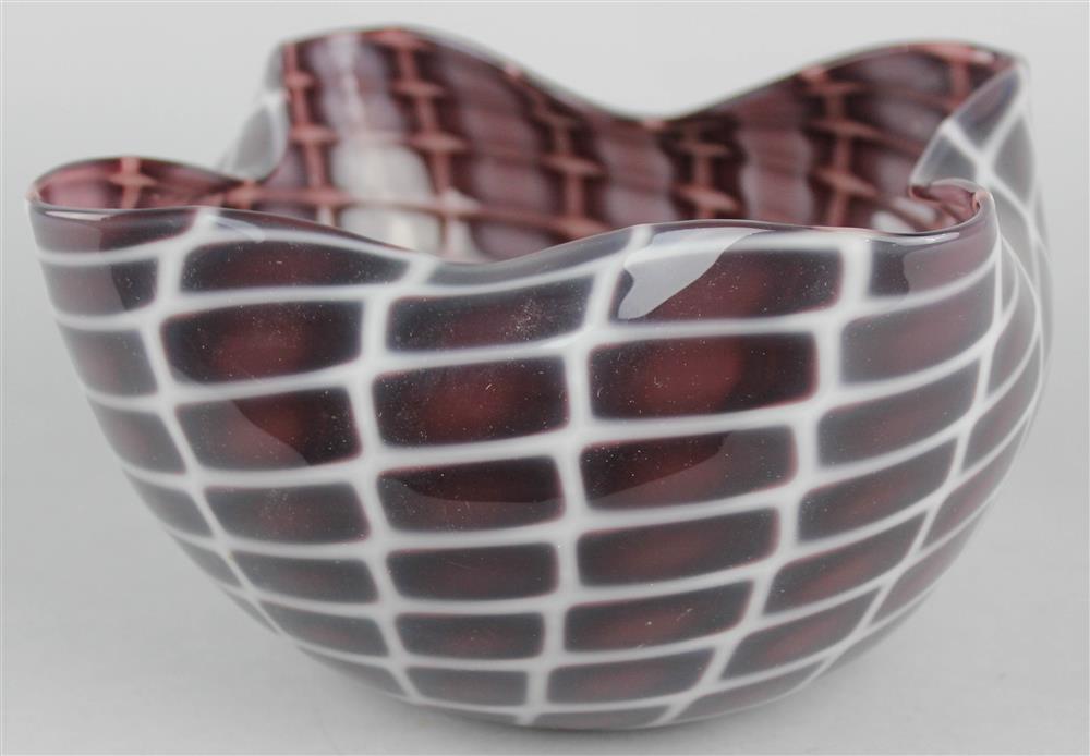 Appraisal: PURPLE AND WHITE MURANO GLASS BOWL with swirling grid of