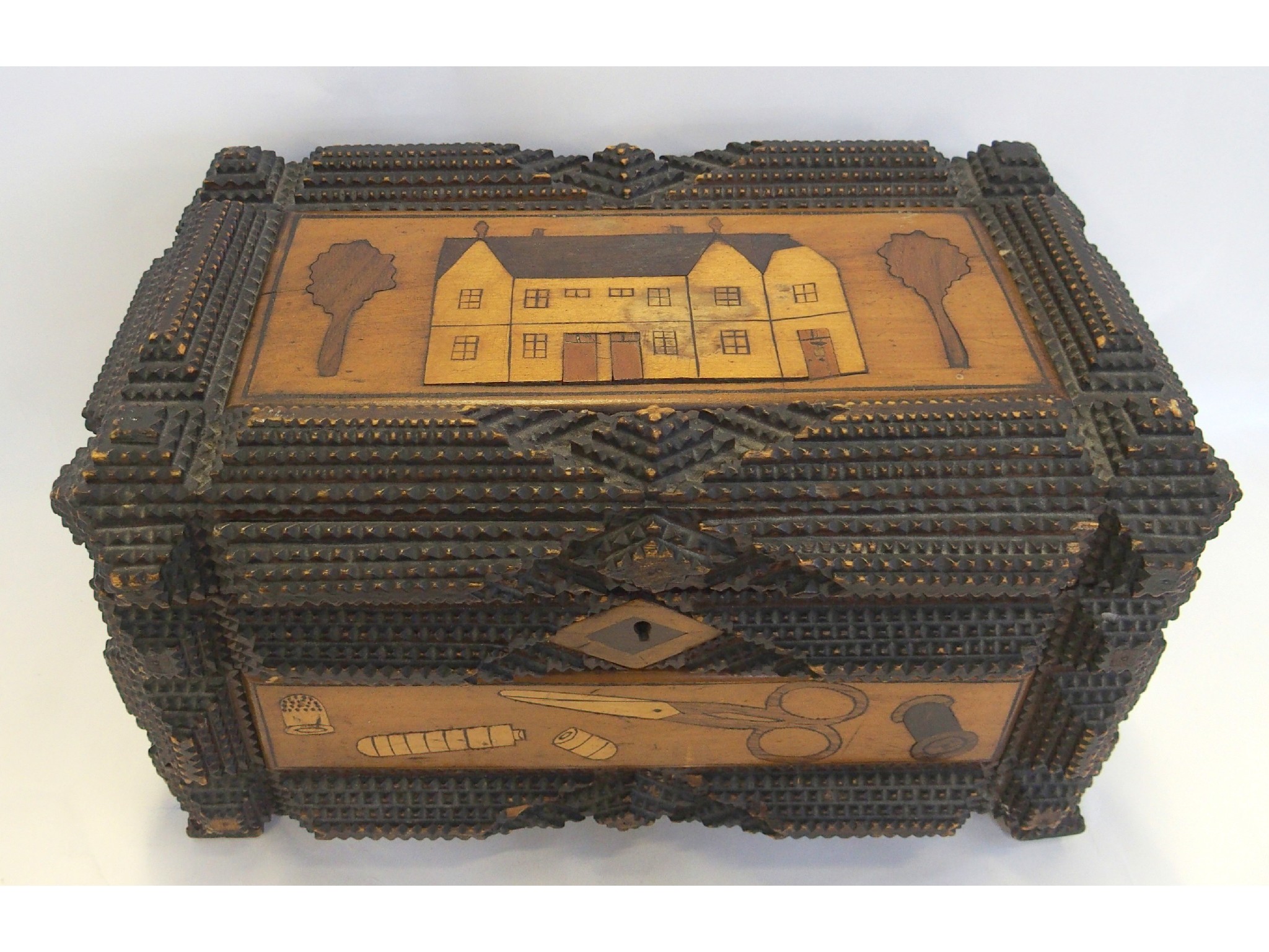 Appraisal: A th Century Tramp Folk Art inlaid work box the