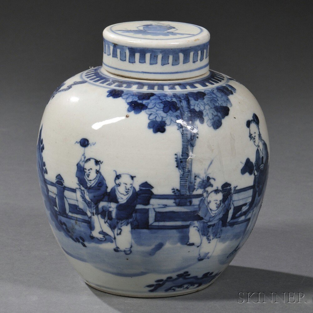 Appraisal: Blue and White Covered Ginger Jar China Qing Dynasty the