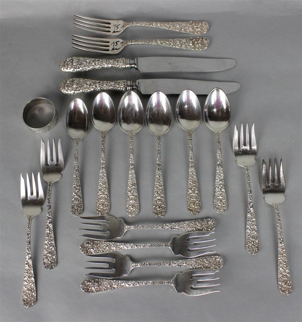 Appraisal: PIECES STIEFF SILVER REPOUSSE ROSE FLATWARE including lunch knives lunch