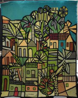 Appraisal: Genaro de Carvalho Brazilian Embroidered cityscape signed lower center including