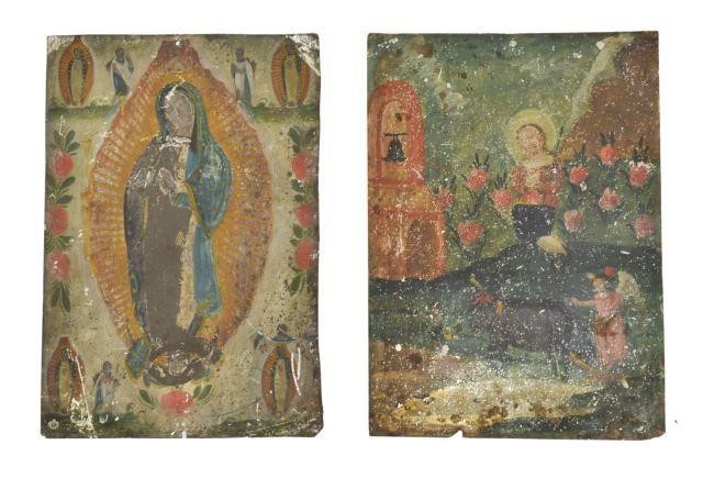 Appraisal: lot of Spanish Colonial retablos oil on tinned metal sheet