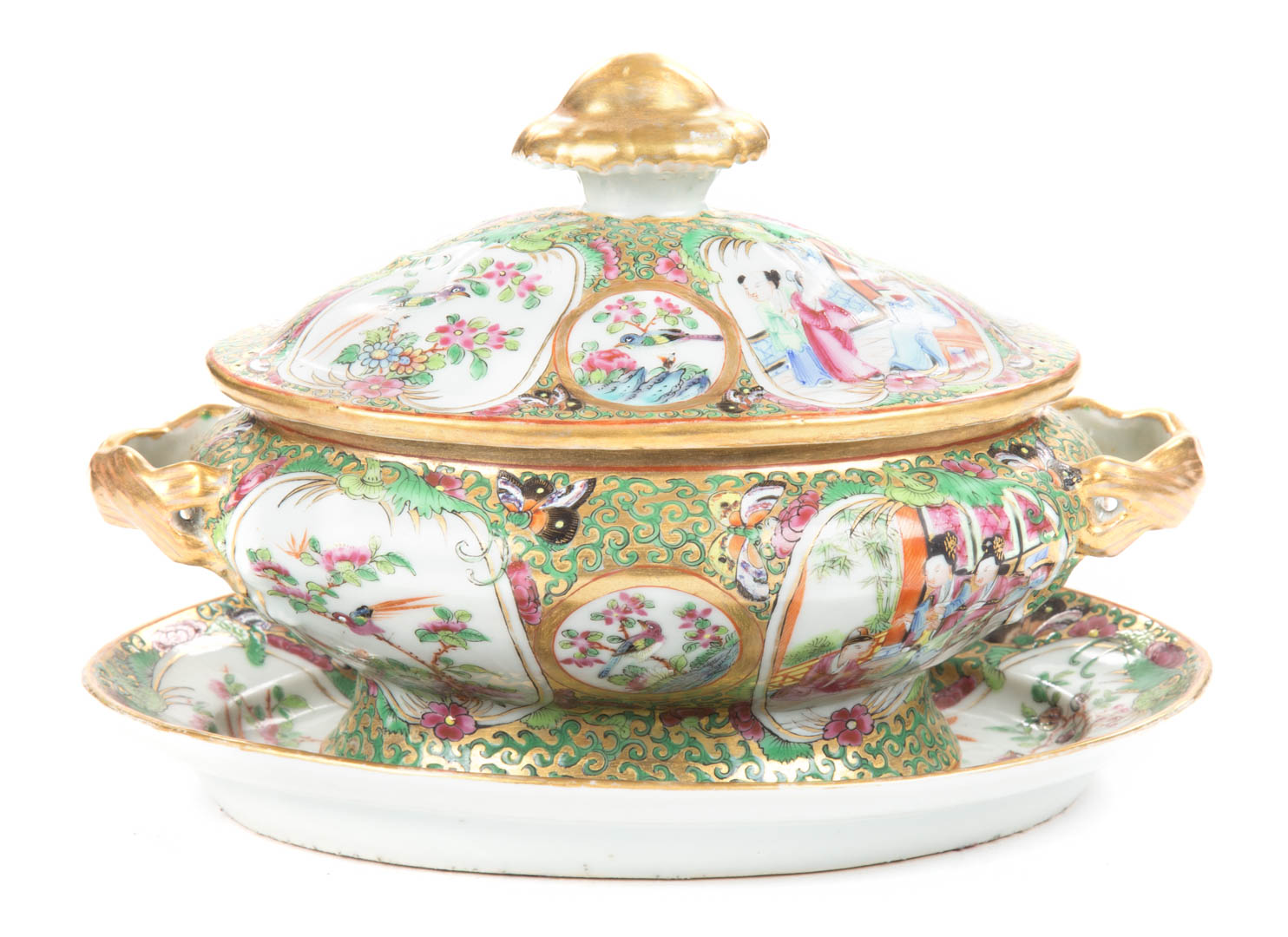 Appraisal: Chinese Export Rose Medallion sauce tureen circa bulbous form with