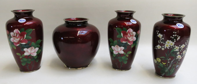 Appraisal: FOUR JAPANESE RED FISH SCALE CLOISONNE VASES three of baluster