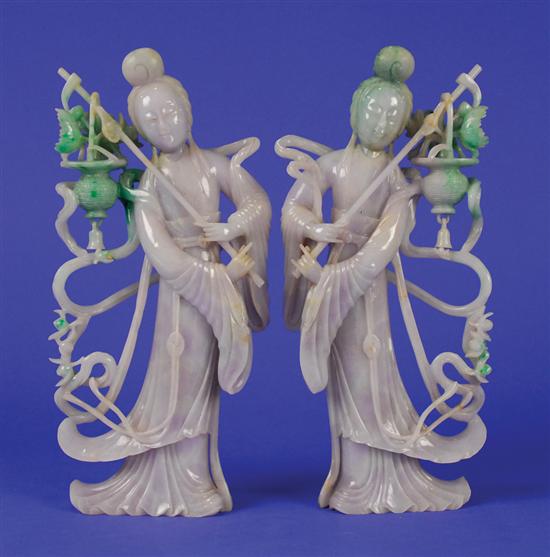 Appraisal: PAIR OF CHINESE CARVED MOTTLED LAVENDER AND GREEN JADE FIGURES