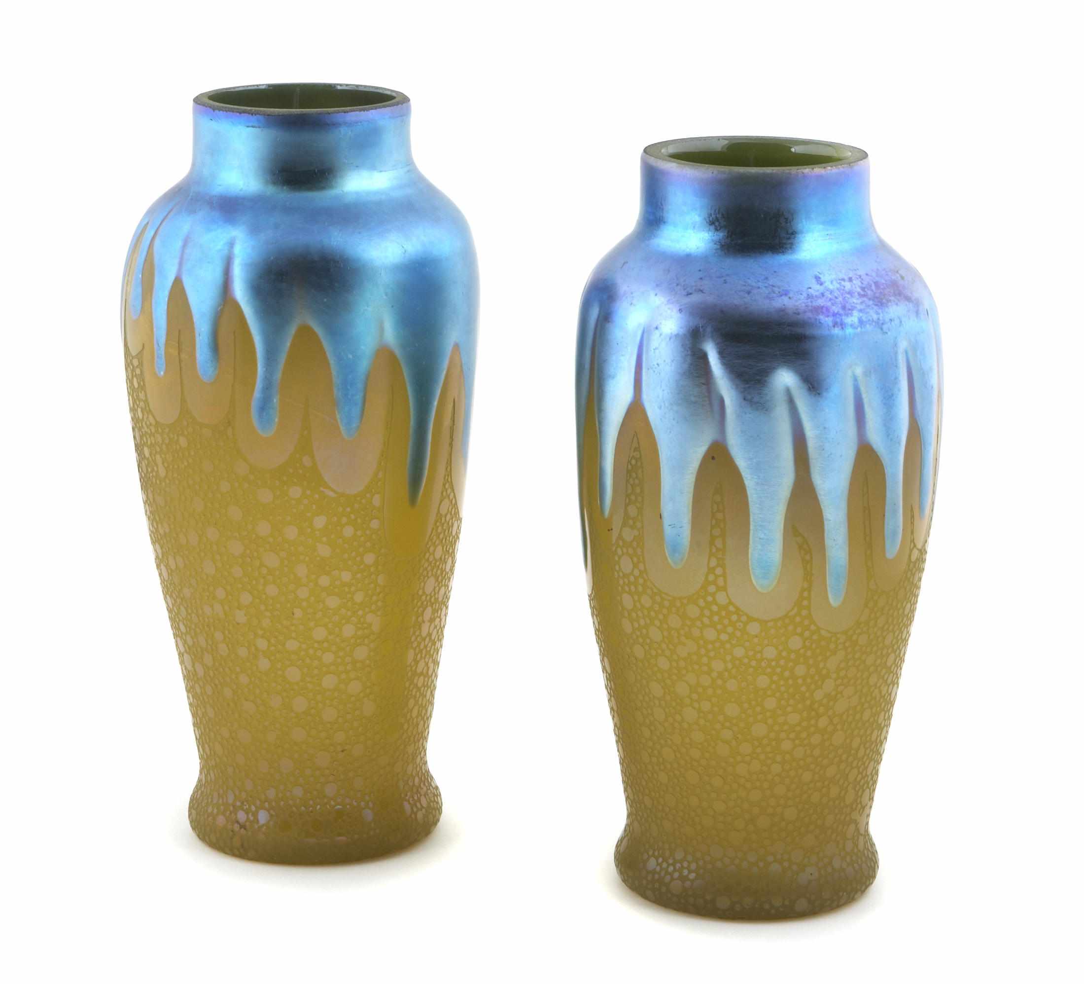 Appraisal: A pair of Steuben blue Aurene over yellow jade vases