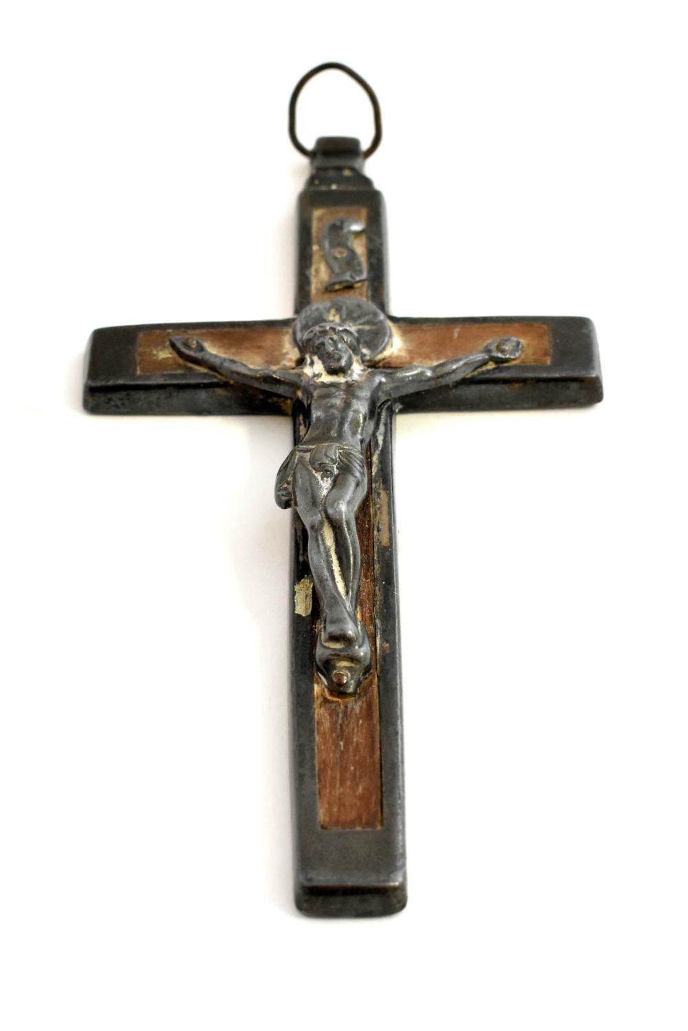 Appraisal: SILVER MOUNTED WOOD CRUCIFIXProbably th Century Height in Width in