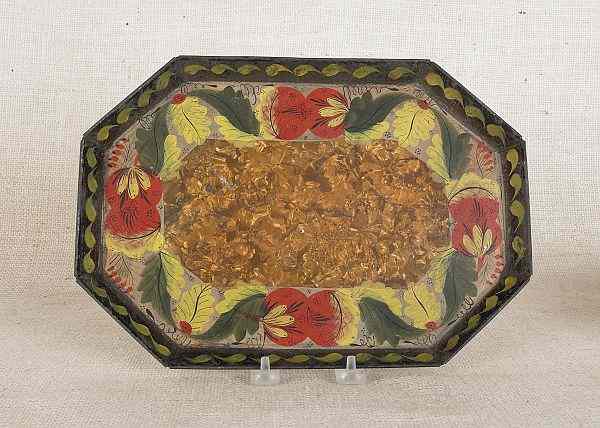 Appraisal: Pennsylvania black tole octagonal tray th c with floral decoration